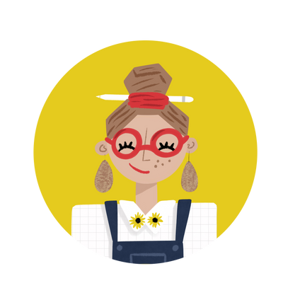 Smiling girl with freckles, red glasses, and hair in a bun. She has an apple pencil in her hair. She is wearing navy overalls and a white checked shirt with daisies on the collar - all on a yellow background